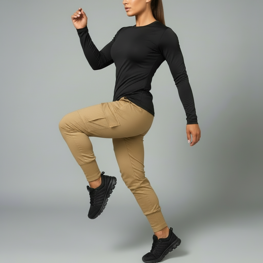 Person wearing a black long-sleeve top and beige cargo pants on a gray background