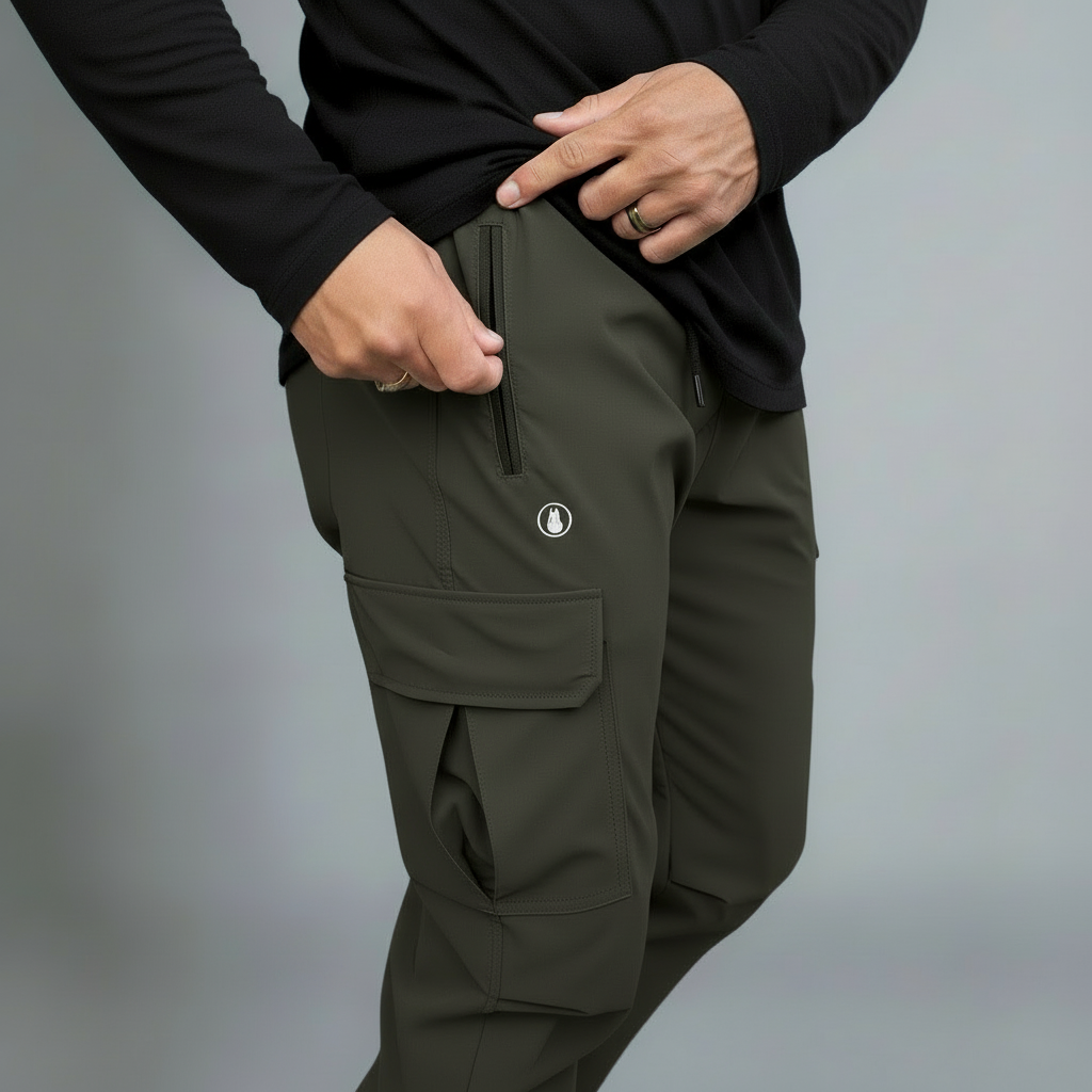 Person wearing dark green cargo pants with a brand logo on a gray background
